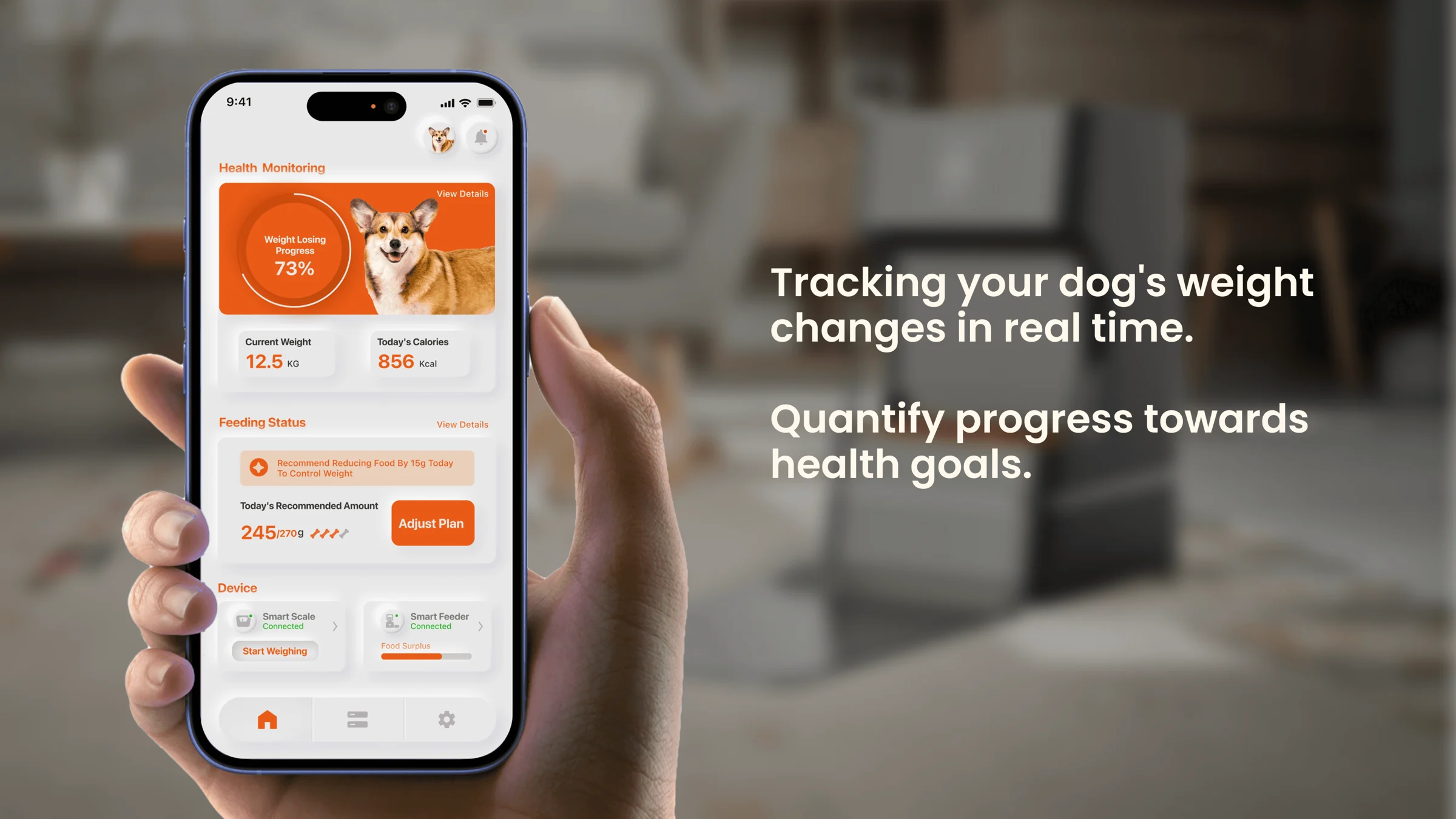 Health Monitoring screen tracking the dog’s weight changes in real time and progress towards health goals.