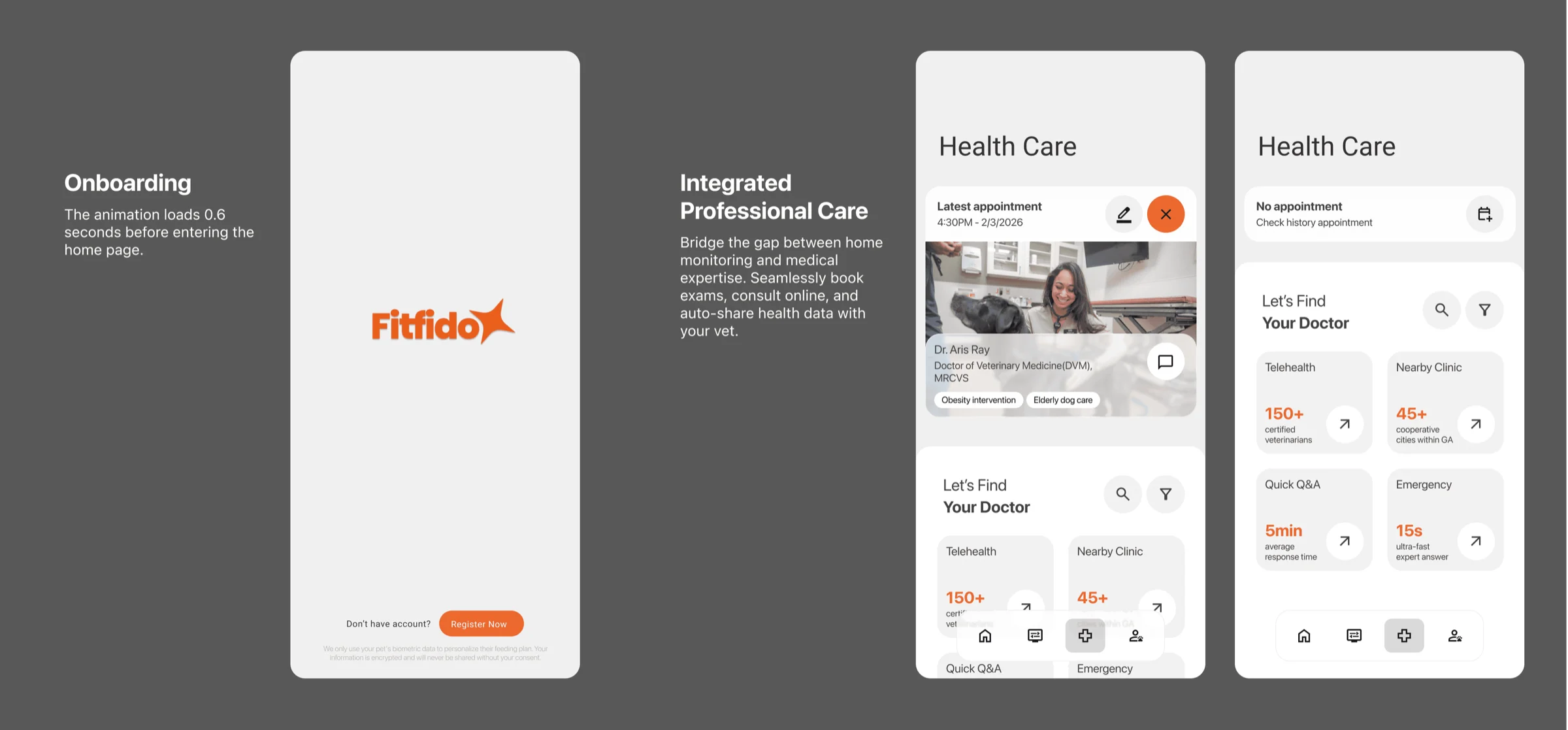 Annotated screens, FitFido app.
