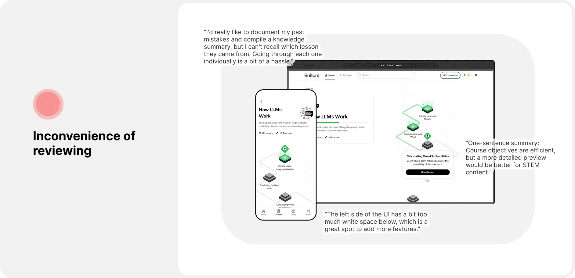 Pain point: inconvenience of reviewing, with learner quotes about recalling past mistakes over screenshots of the current app.